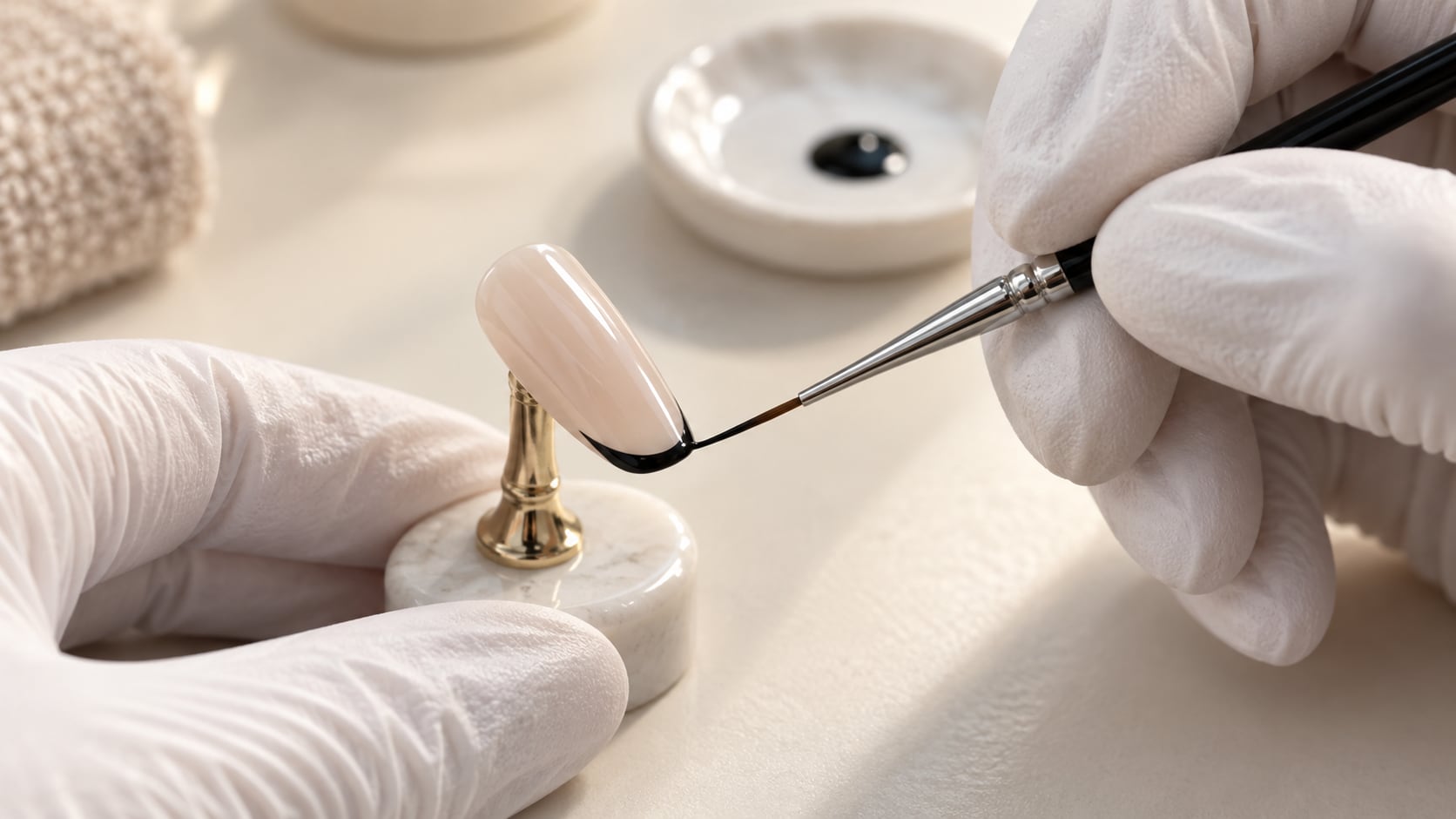 Fine nail-art brush refining a narrow black French edge on a nude practice tip
