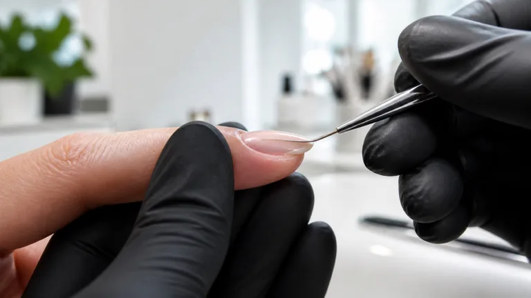 Dettaglio laterale di un’unghia nude con uno strumento metallico sulla superficie, tra mani con guanti neri