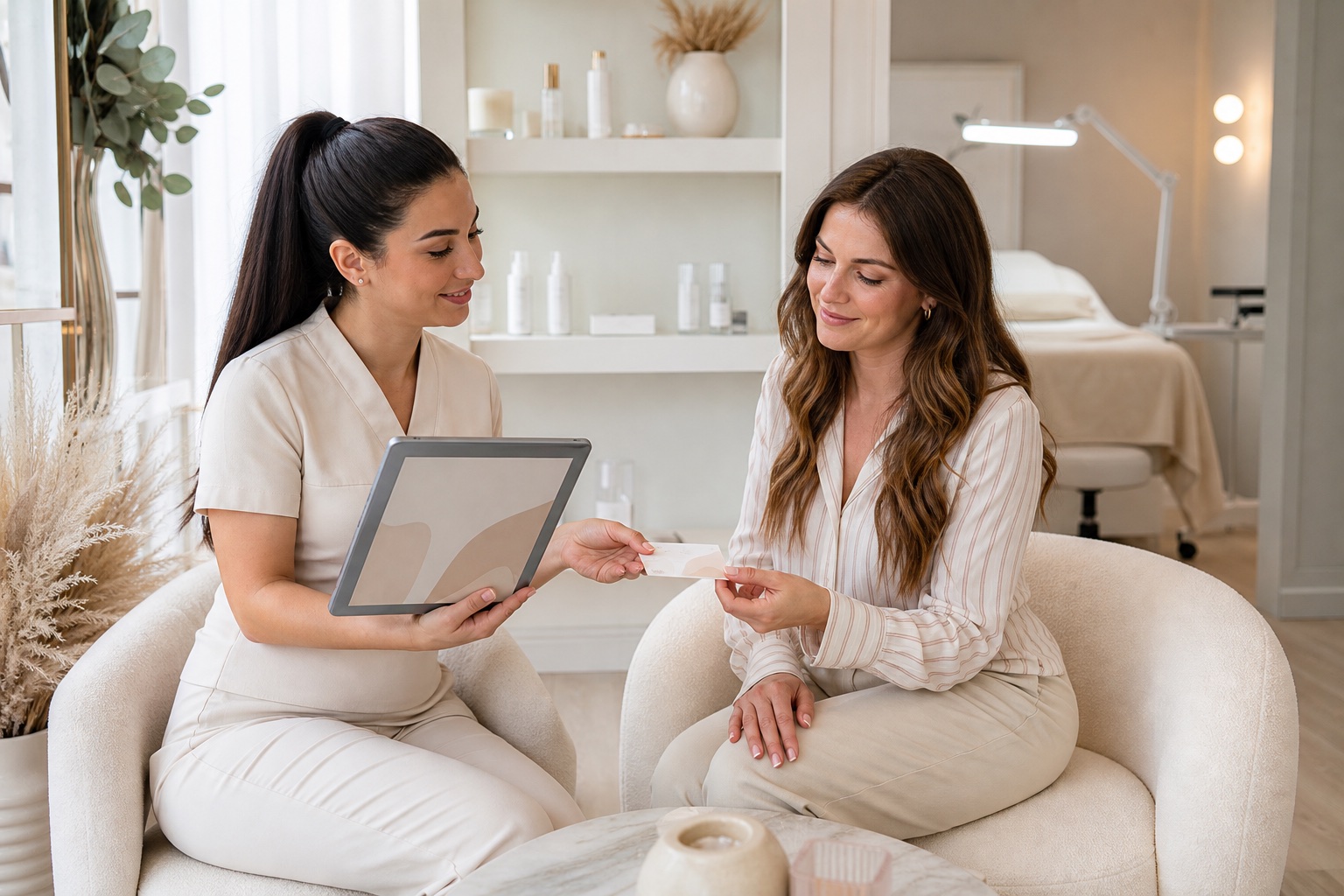 Lash maker adulta e cliente adulta confermano il prossimo appuntamento e condividono indicazioni dopo il servizio