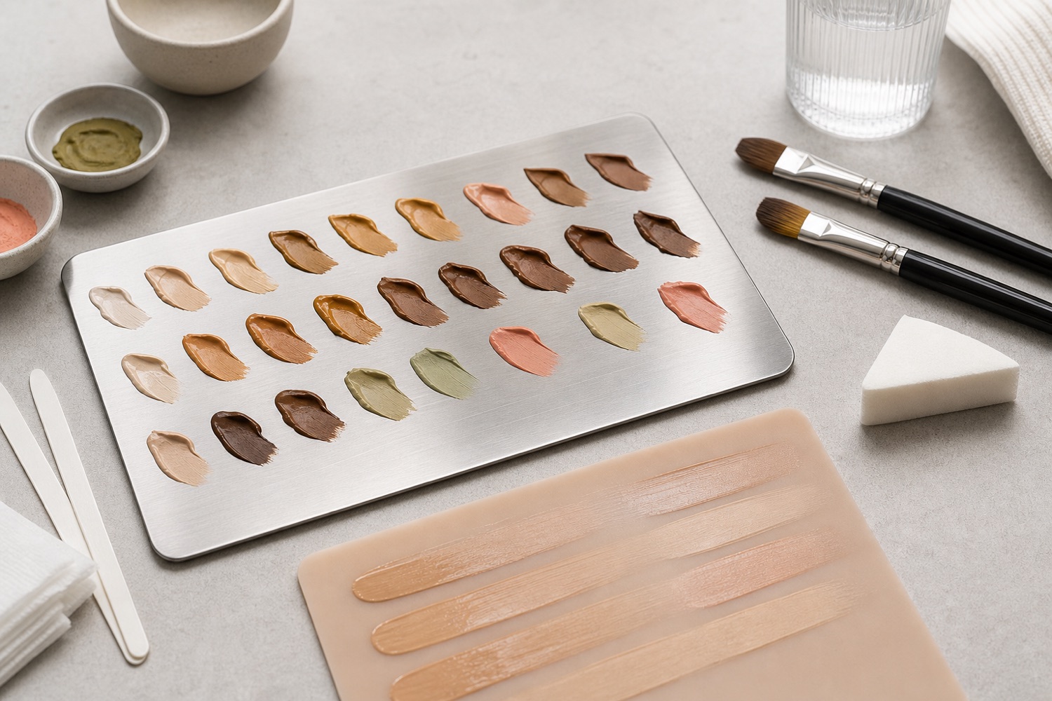 Palette professionale pulita con micro-miscele di camouflage in diverse profondità, sottotoni e correttori smorzati