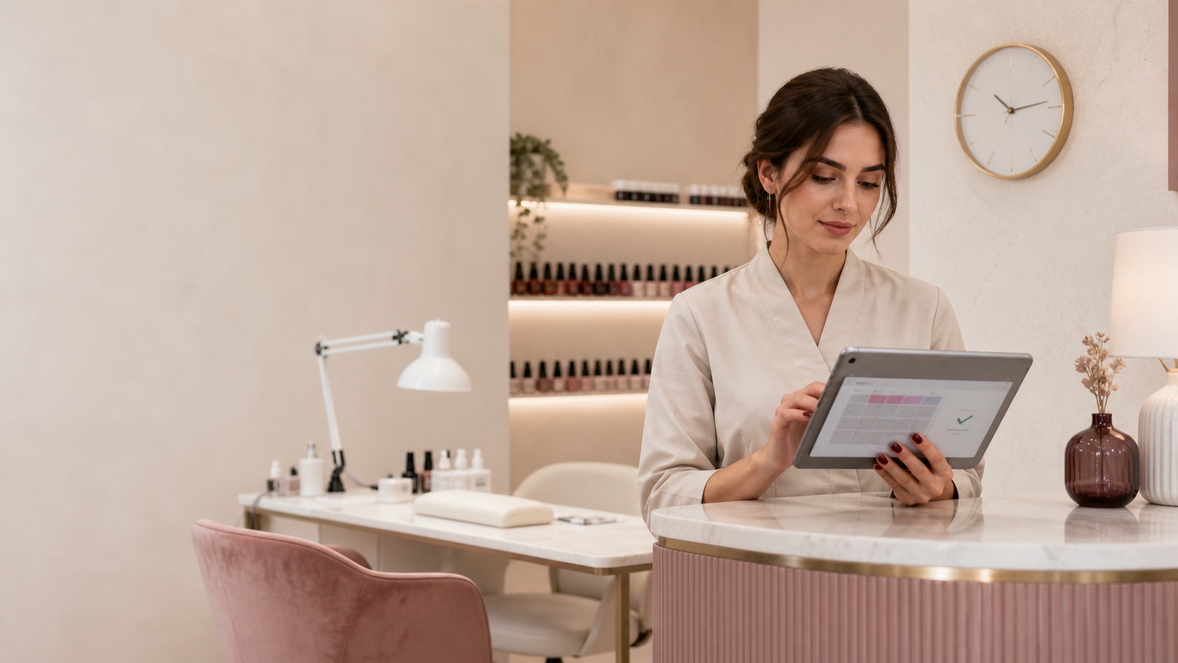 Onicotecnica controlla appuntamenti e conferma di pagamento su tablet nella reception di un nail center ordinato