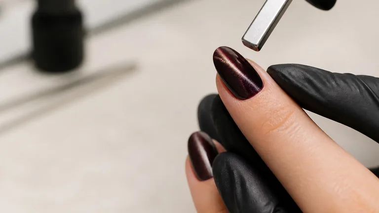 Magnete rettangolare sospeso sopra un’unghia bordeaux con riflesso cat eye diagonale