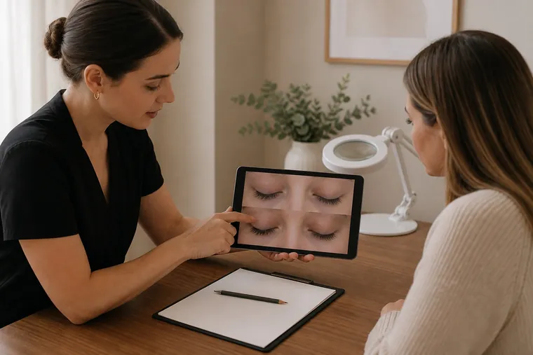 Professionista e cliente confrontano fotografie delle ciglia su un tablet