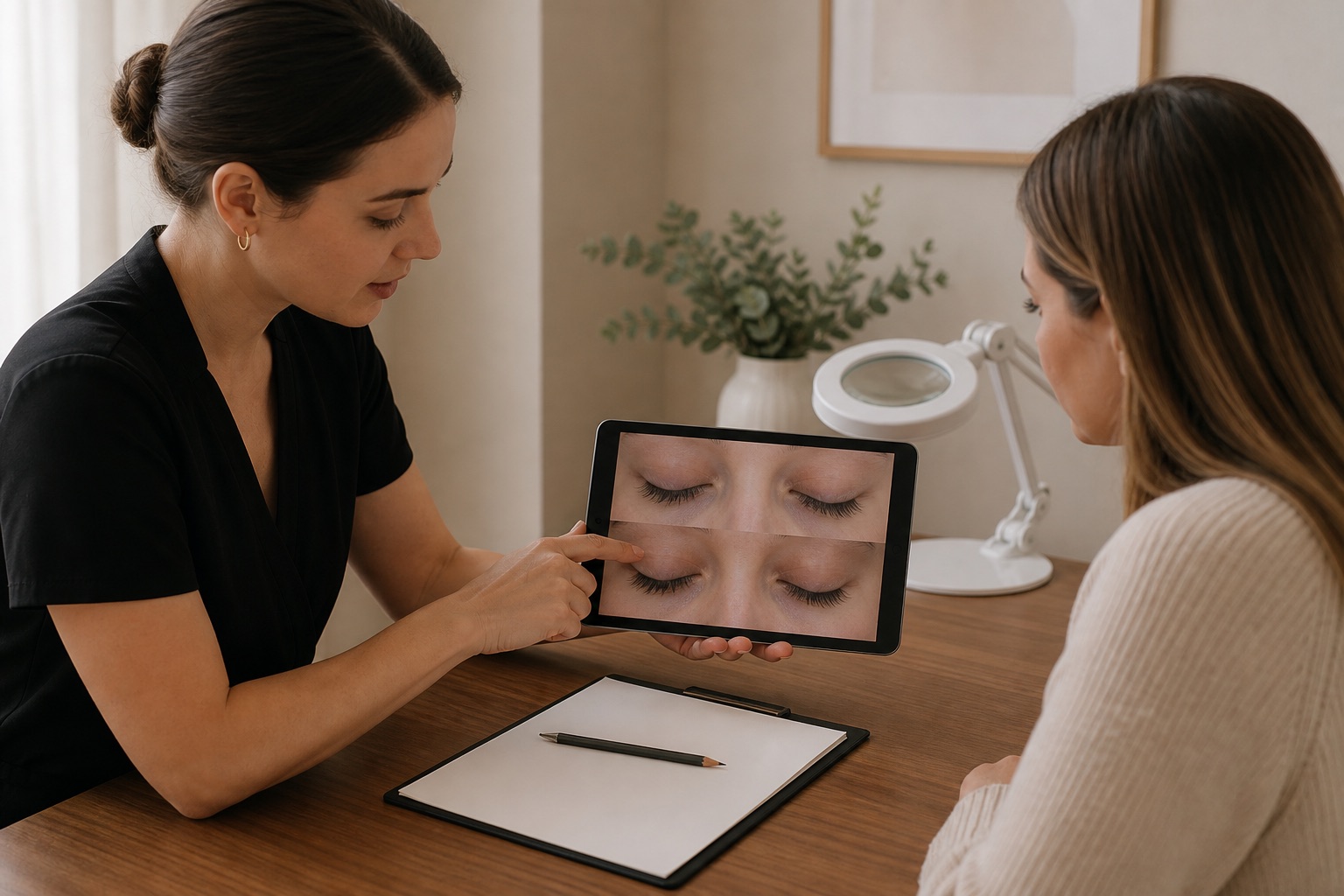 Professionista adulta e cliente adulta confrontano fotografie standardizzate delle ciglia naturali su un tablet durante una consulenza con scheda cartacea vuota