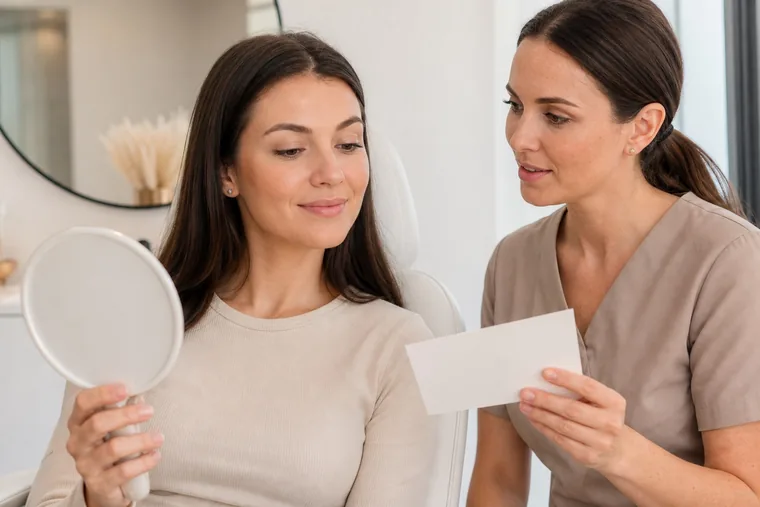 A client holds a mirror while a lash professional explains the result and aftercare.