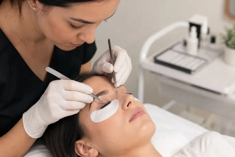 A lash professional uses two tweezers to apply extensions to a client with closed eyes and under-eye pads.