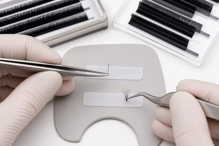 Tweezers hold a single extension fiber and a volume fan before application.