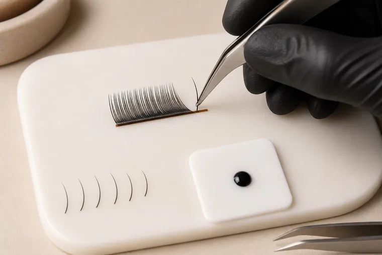 Pinzetta, striscia di ciglia per esercizi, fibre singole e goccia di adesivo su una palette