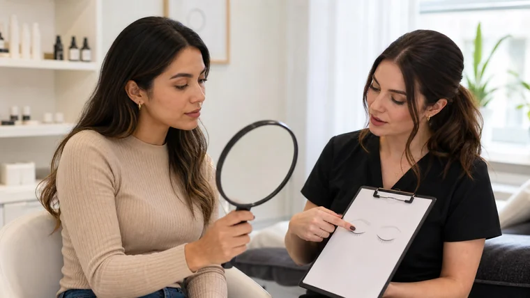 Cliente e lash maker confrontano una scheda illustrata durante il colloquio