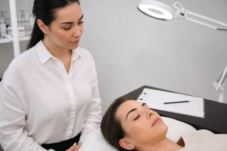 Professionista osserva la zona delle ciglia mentre la cliente tiene gli occhi chiusi