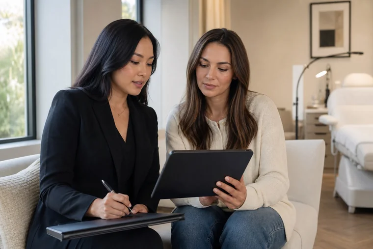 Operatrice e cliente consultano un tablet, con lo schermo rivolto verso di loro