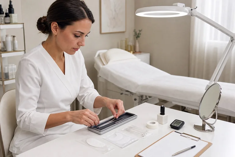 Lash maker dispone pinzette e consumabili accanto a lampada, lettino e scheda cartacea