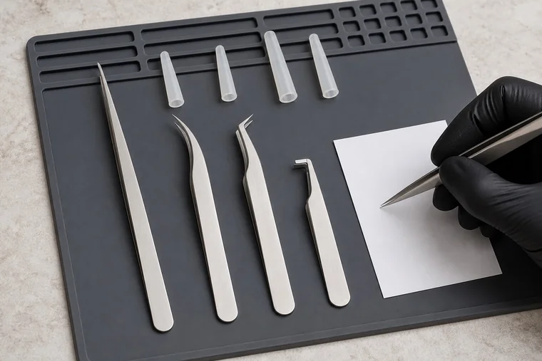 Pinzette con punte dritte, curve e angolate; una mano ne controlla la chiusura su fondo chiaro