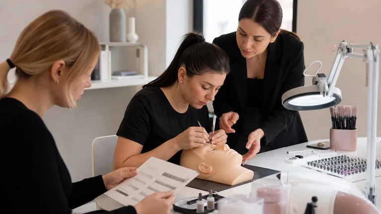 Allieva lash maker si esercita su una testina con la supervisione della docente
