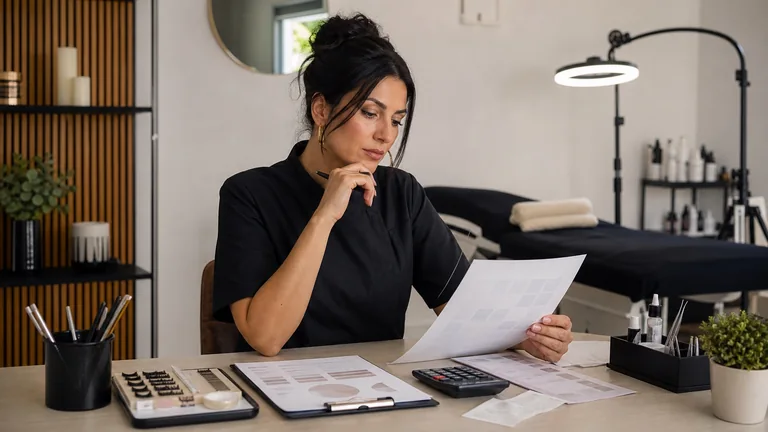 Lash maker confronta agenda, calcolatrice e prospetti economici alla scrivania del suo studio
