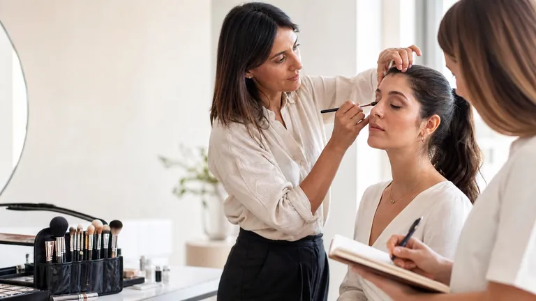 Una make-up artist applica l’ombretto mentre un’allieva osserva il gesto e prende appunti