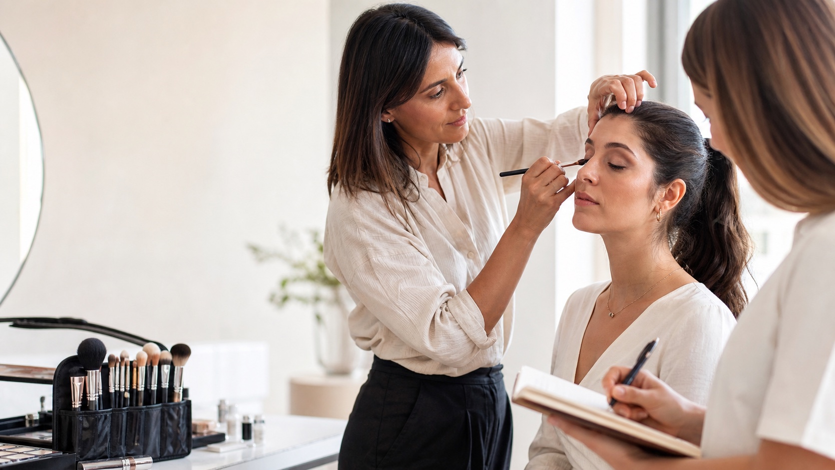 Make-up artist applica il trucco occhi a una modella adulta mentre un’allieva osserva e prende appunti in uno studio luminoso