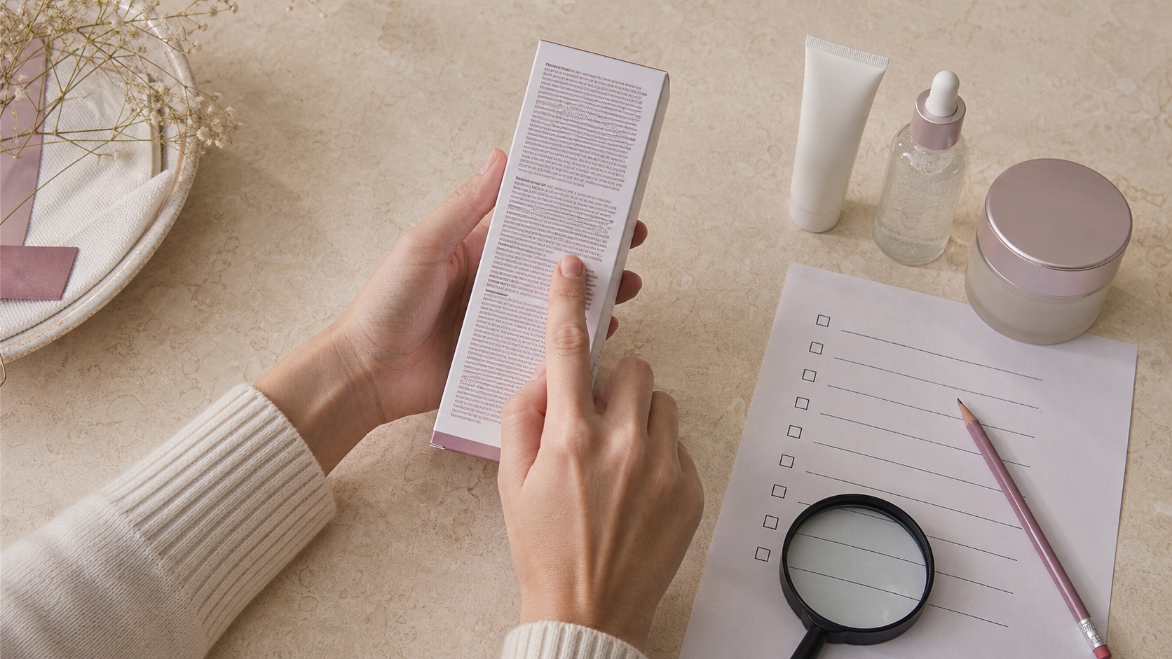 Mani confrontano l’etichetta ingredienti di un cosmetico generico con una checklist di verifica in uno studio skincare
