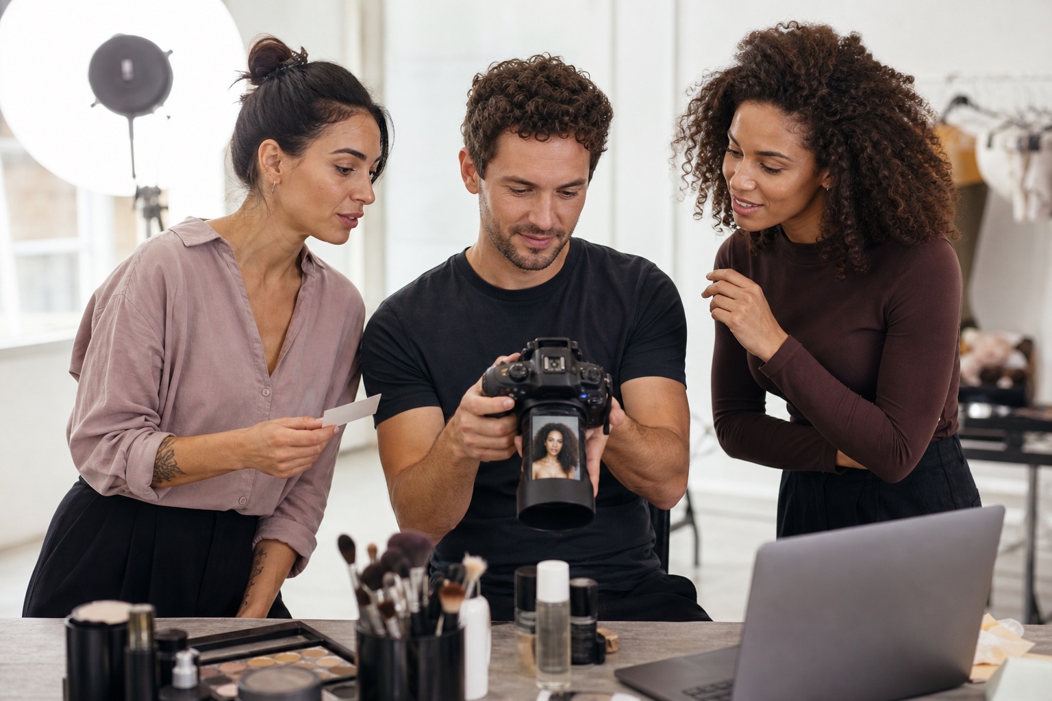 Make-up artist adulta, fotografo adulto e hairstylist adulta valutano insieme un ritratto beauty al termine di uno shooting professionale