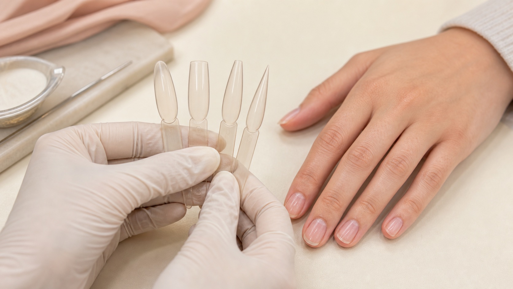 Onicotecnica confronta tip a mandorla, quadrata, ballerina e stiletto accanto alla mano naturale