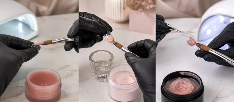 Tre lavorazioni su tip: gel con pennello, perla acrilica e acrygel con spatola e pennello
