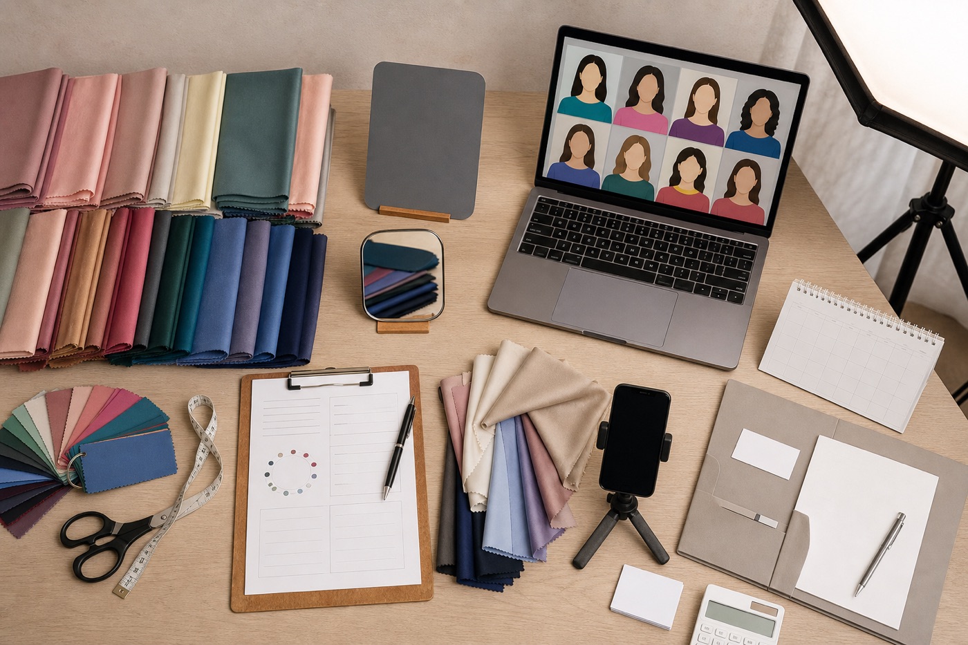 Kit professionale per consulente di armocromia con drappi ordinati, carta grigia, palette, specchio, schede, smartphone su supporto, portfolio e agenda