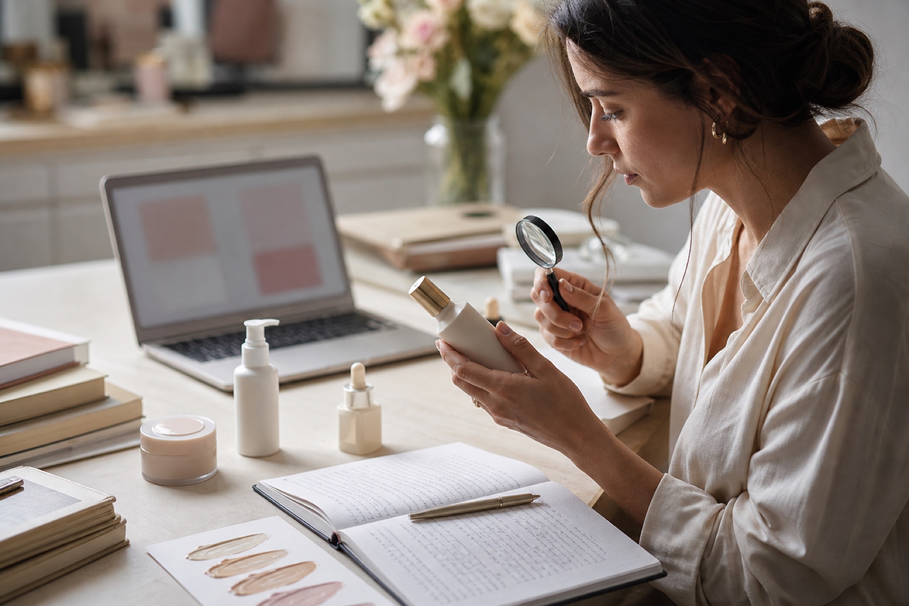 Professionista adulta studia cosmetologia, confronta un prodotto senza marchio e prende appunti accanto a un computer