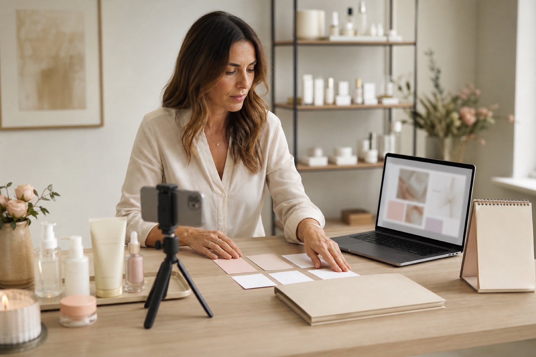 Consulente skincare adulta organizza materiali, portfolio e contenuti educativi in uno studio con cosmetici senza marchio