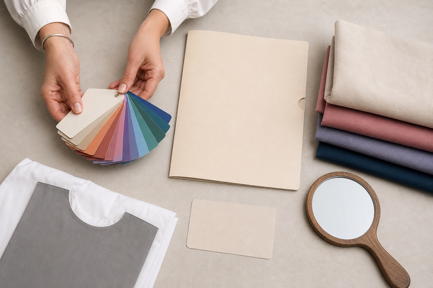 Materiali consegnabili e strumenti di una consulenza di armocromia disposti su un tavolo: palette a ventaglio, cartella, drappi, neutralizzatore e specchio