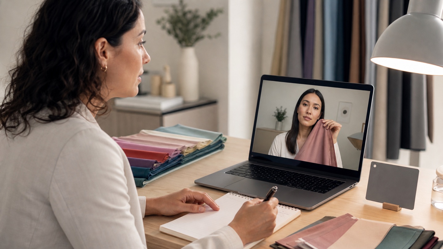 Consulente conduce una sessione di armocromia online davanti a un laptop con cliente, drappi, scheda e carta grigia in uno studio neutro