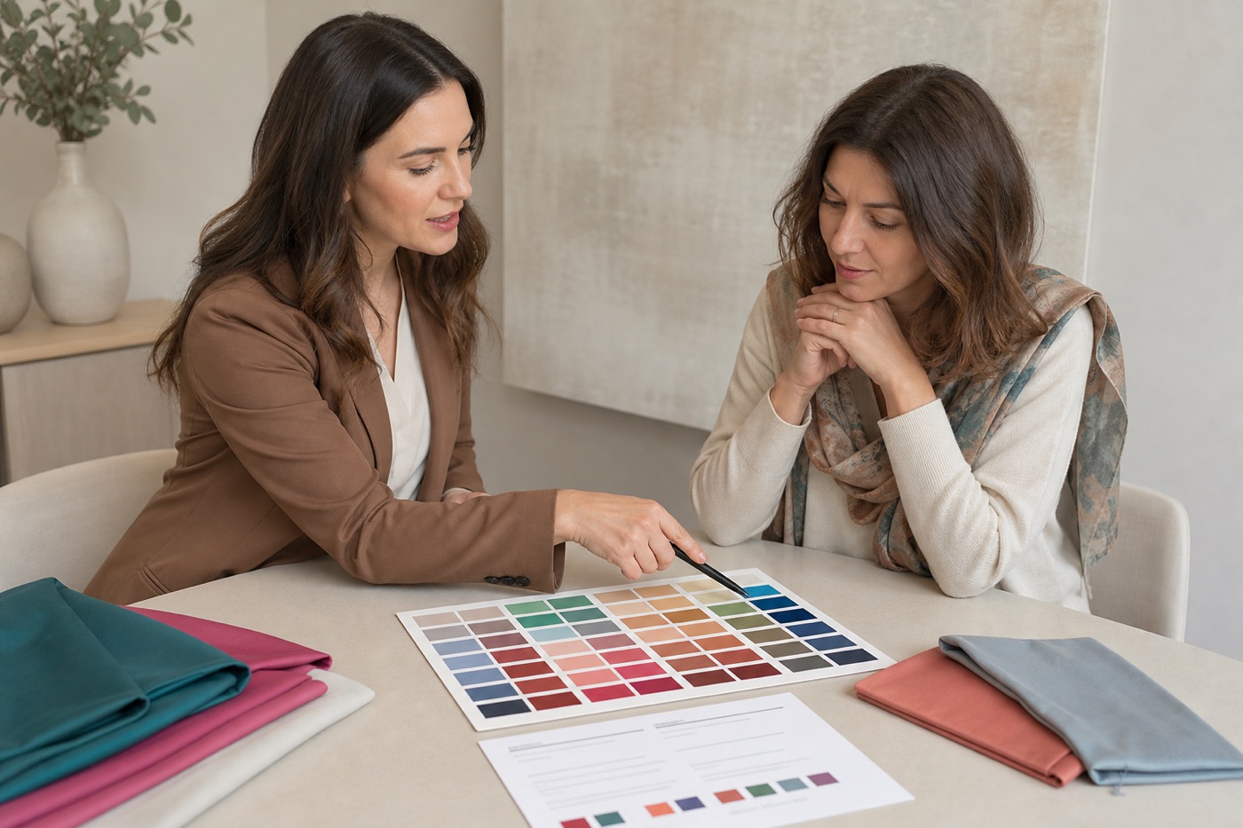 Consulente e cliente discutono insieme palette, tessuti e scheda riepilogativa durante la restituzione di una consulenza di armocromia