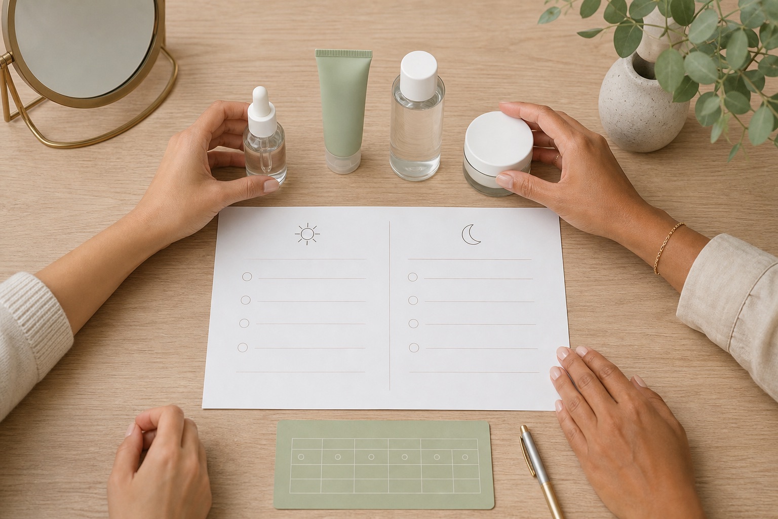 Mani di consulente e cliente organizzano quattro cosmetici senza marchio accanto a una scheda essenziale mattina e sera