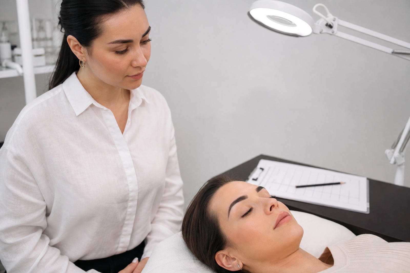 Professionista ciglia adulta osserva da una distanza rispettosa gli occhi naturalmente chiusi di una cliente adulta sotto luce neutra senza toccarli