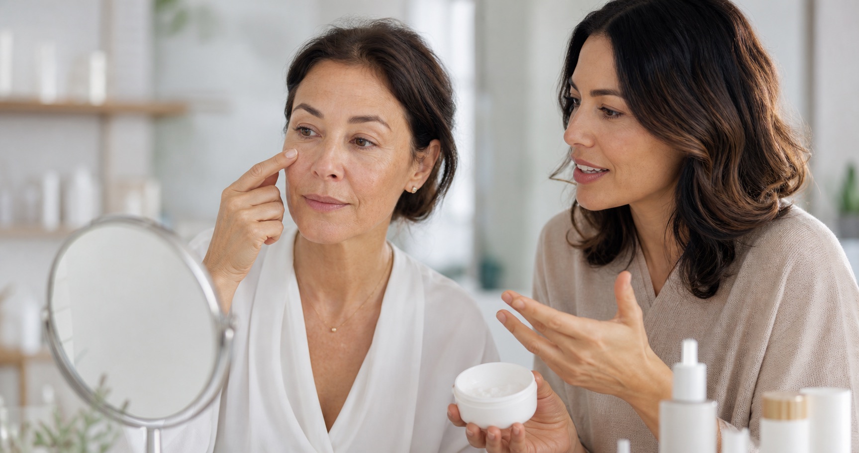 Donna adulta osserva il proprio contorno occhi allo specchio mentre una professionista skincare spiega una routine delicata