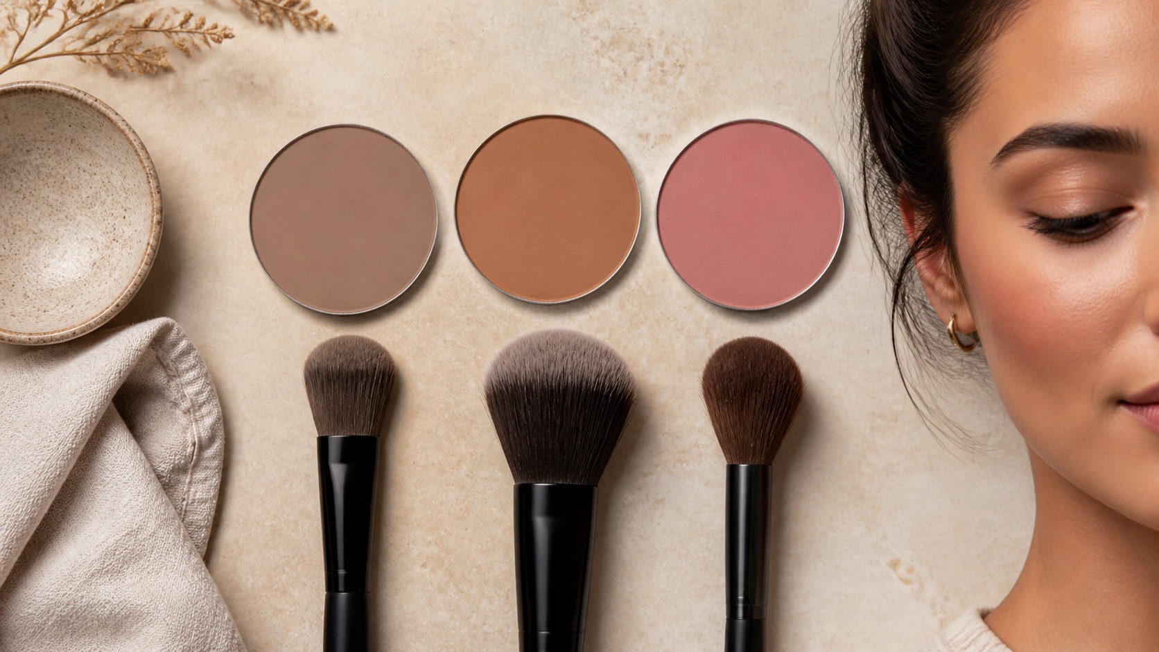 Tre cialde senza marchio nei toni ombra neutra, bronzer caldo e blush rosa con pennelli professionali e un volto adulto truccato