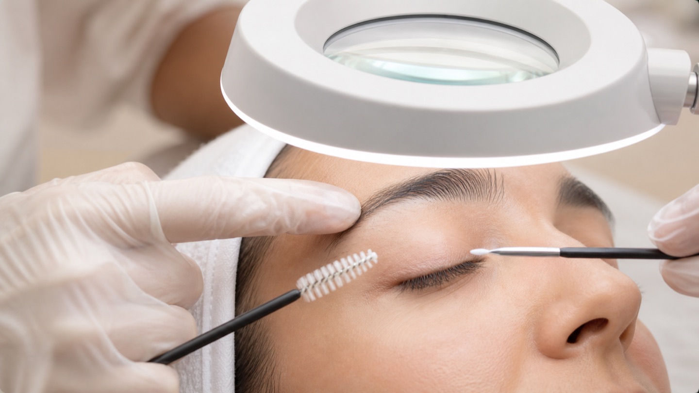 Lash artist controlla ciglia naturali pulite dopo la rimozione delle extension con luce di ingrandimento e applicatori puliti