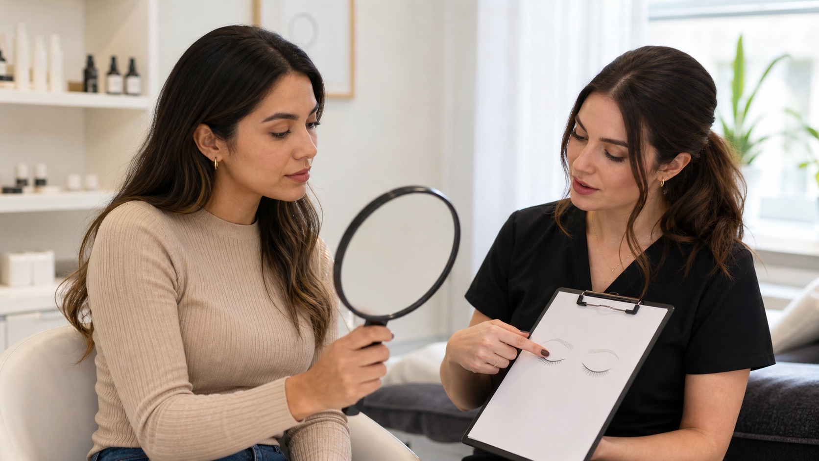 Cliente adulta e lash maker osservano il set con specchio e scheda illustrata durante un controllo professionale