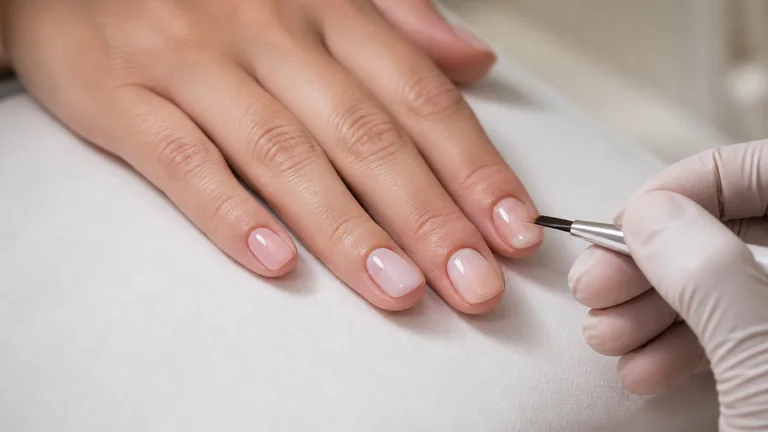 Applicazione con pennello di una copertura nude su unghie naturali corte