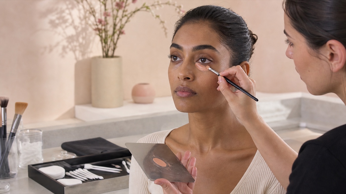 Make-up artist applica una quantità minima di correttore pesca sotto l’occhio di una modella adulta usando palette e strumenti puliti