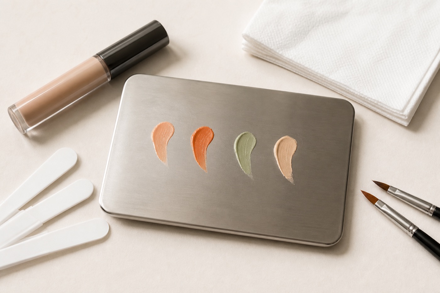 Palette professionale pulita con micro-campioni pesca, arancio, verde smorzato e concealer color pelle per confrontare neutralizzazione e stratificazione