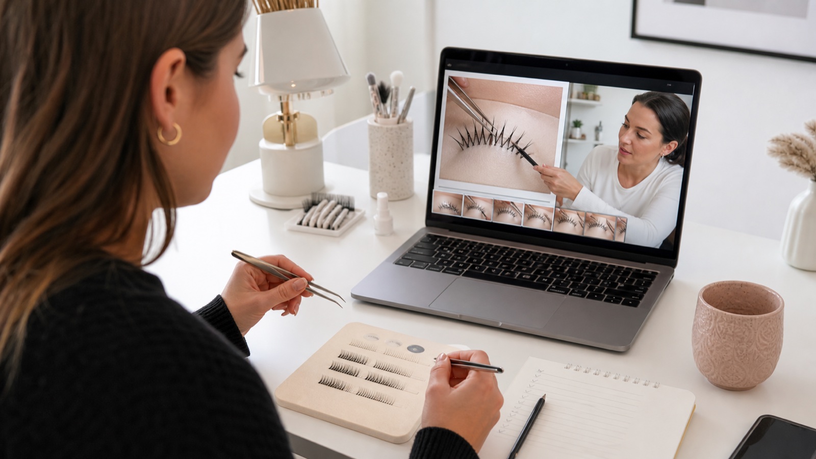 Allieva adulta esercita con pinzette su un supporto didattico mentre una formatrice adulta fornisce feedback da remoto attraverso il computer