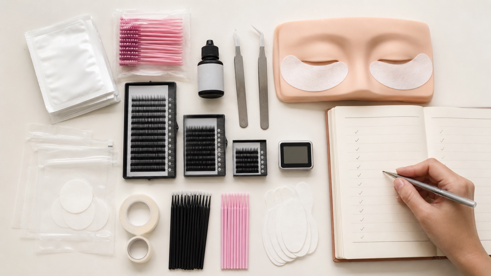Kit didattico ciglia senza marchi disposto dall’alto con testa manichino, pinzette, ciglia, flaconi neutri, applicatori monouso e quaderno