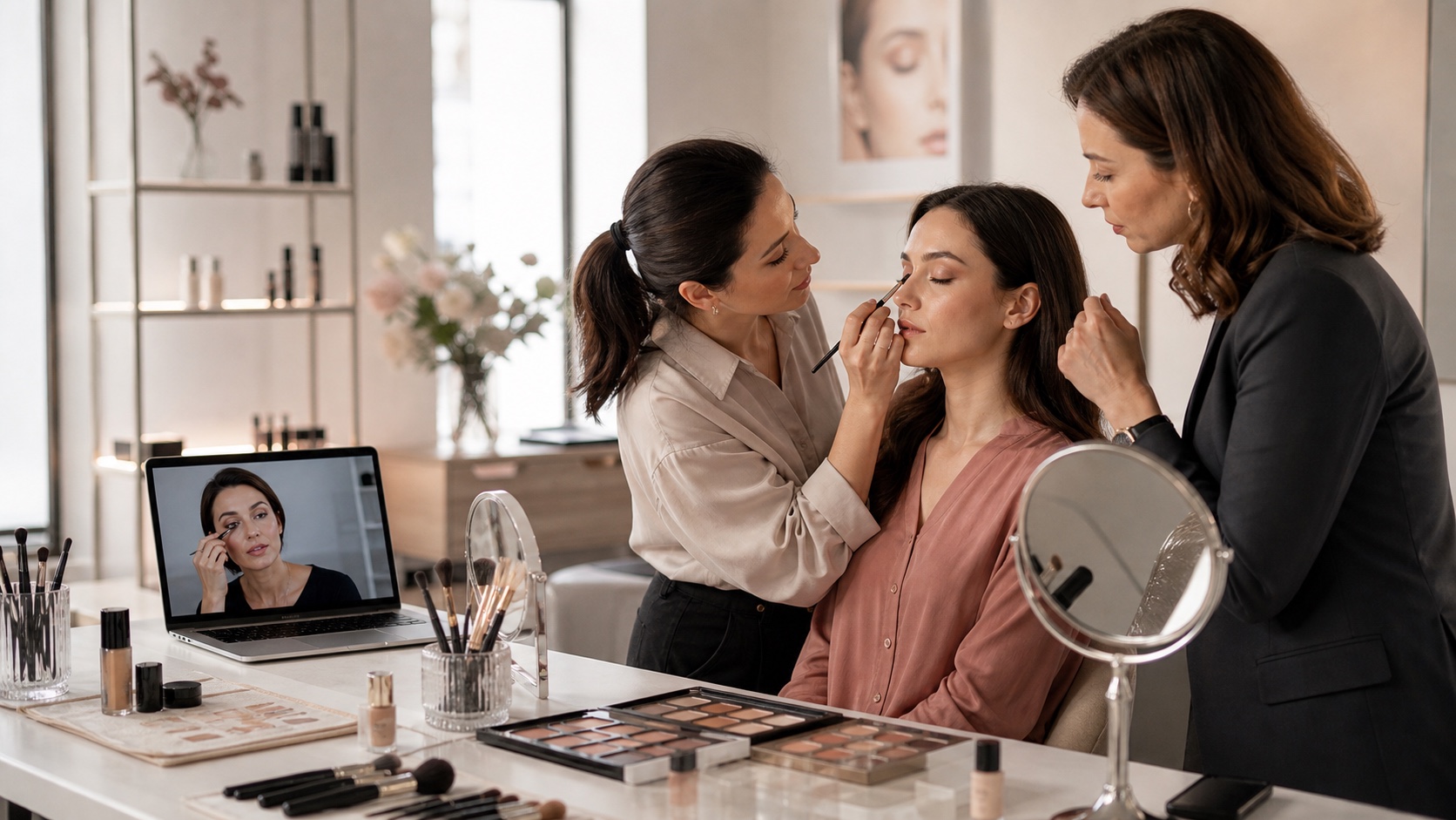 Allieva adulta esegue un trucco su modella con una docente in aula e una dimostrazione live sul computer