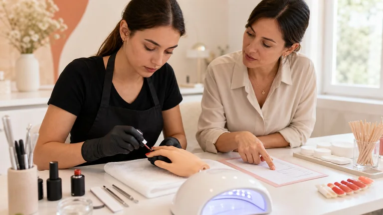 Esercitazione di stesura del colore su una mano da allenamento con una docente accanto
