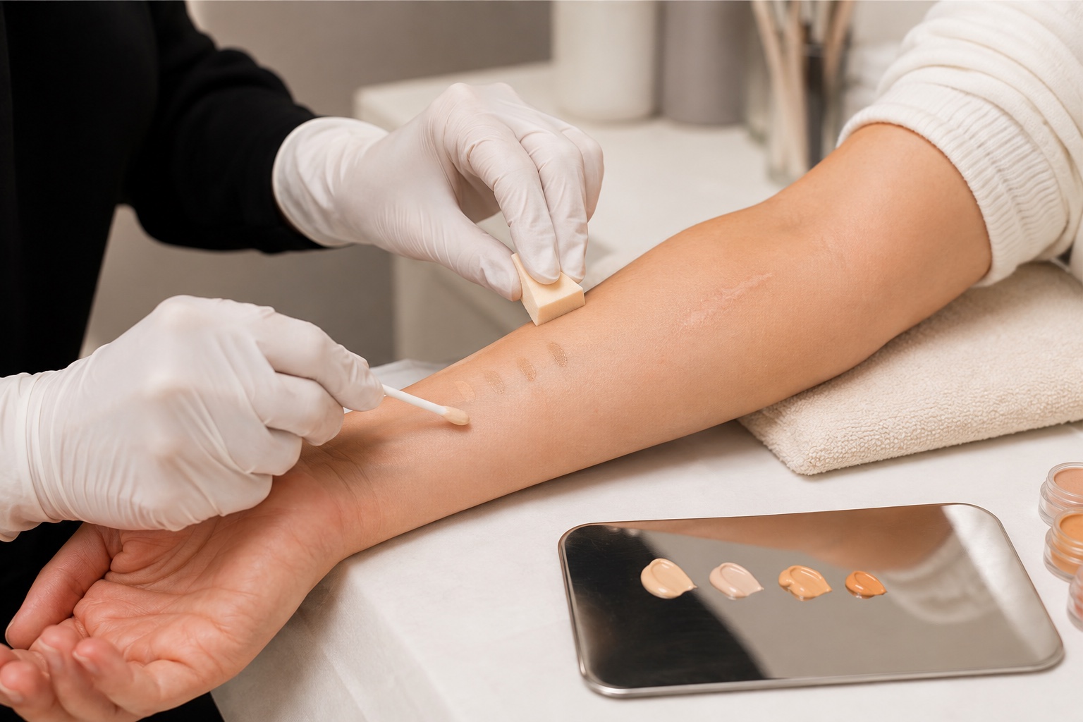 Professional artist compares four skin-tone camouflage mixtures beside a fully healed flat scar on intact forearm skin using clean tools