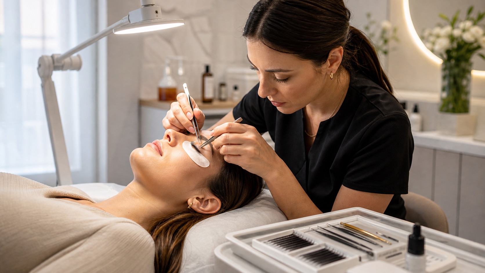 Lash artist applica extension individuali a una cliente adulta con occhi chiusi, patch corretti e postazione ordinata