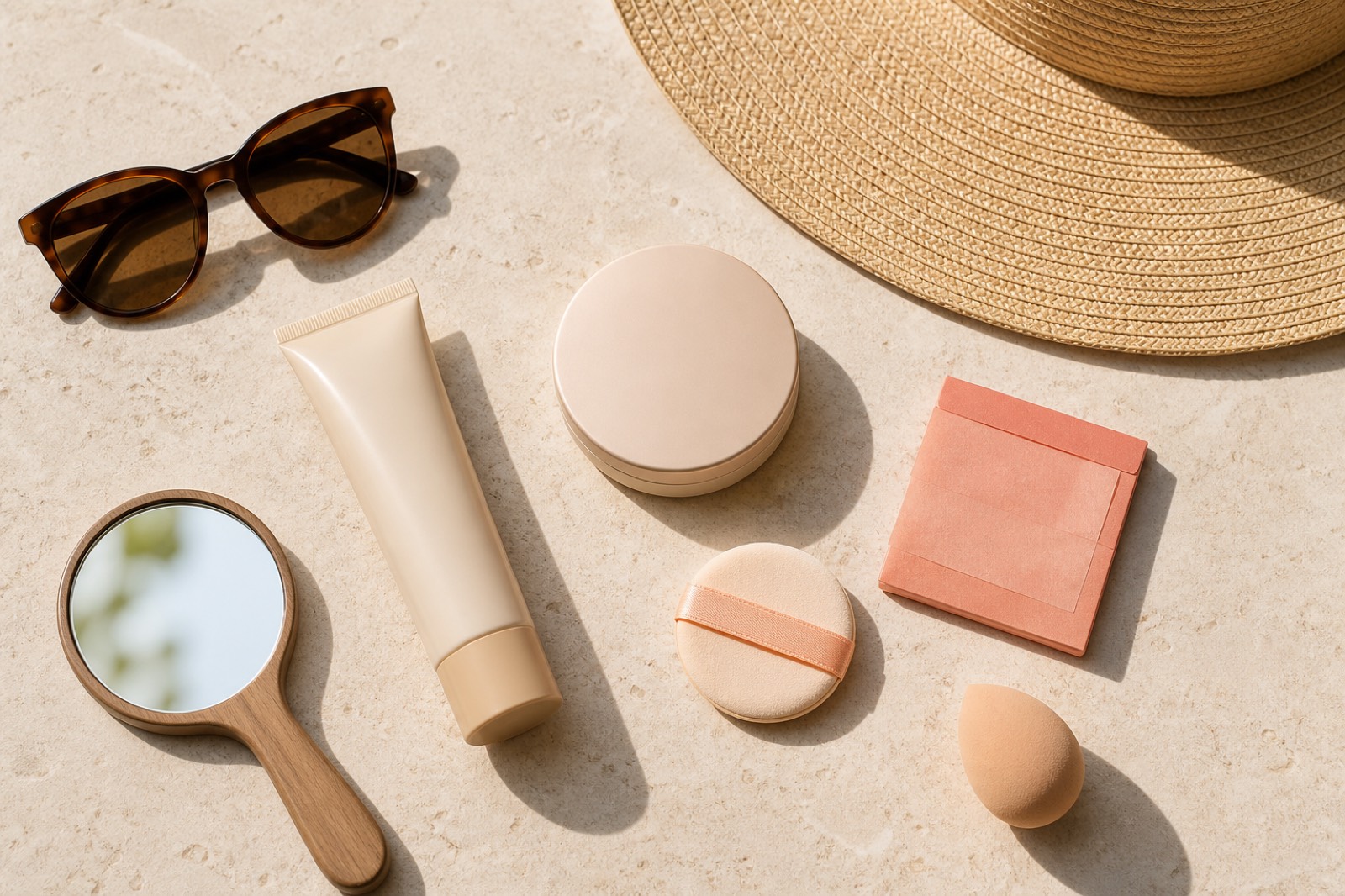 Kit ordinato con crema solare, compatto, piumino, carta assorbente, specchio, spugna, occhiali e cappello