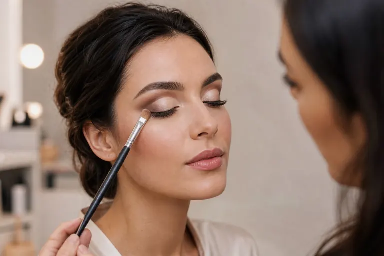 Make-up artist usa un solo pennello piatto per rifinire un cut crease professionale nei toni taupe su una cliente adulta con occhi chiusi