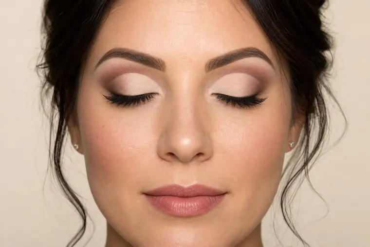 Primo piano frontale di due cut crease taupe e avorio a occhi chiusi