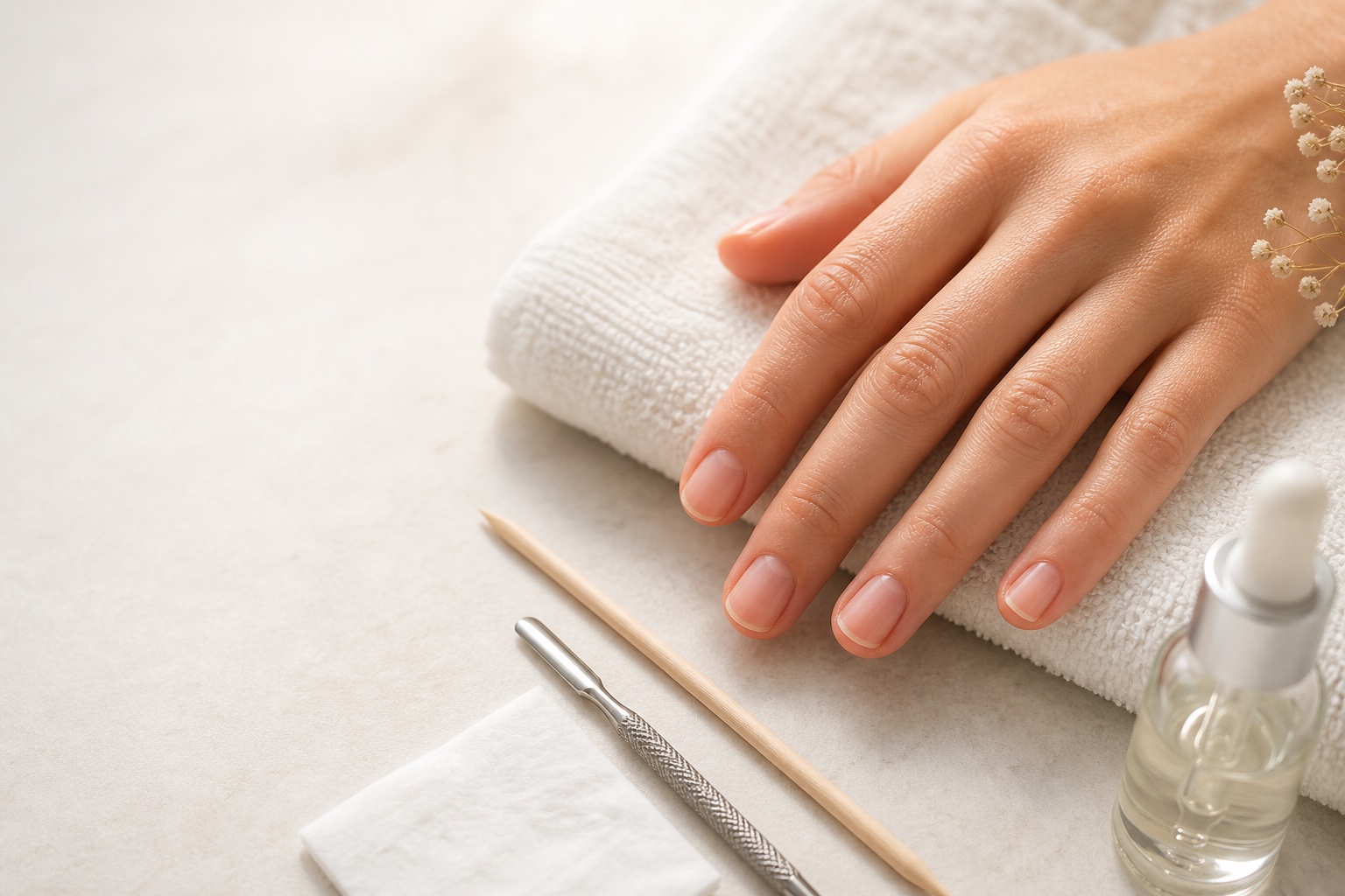 Mano naturale con cuticole integre su postazione manicure professionale con spingicuticole, bastoncino e olio cosmetico